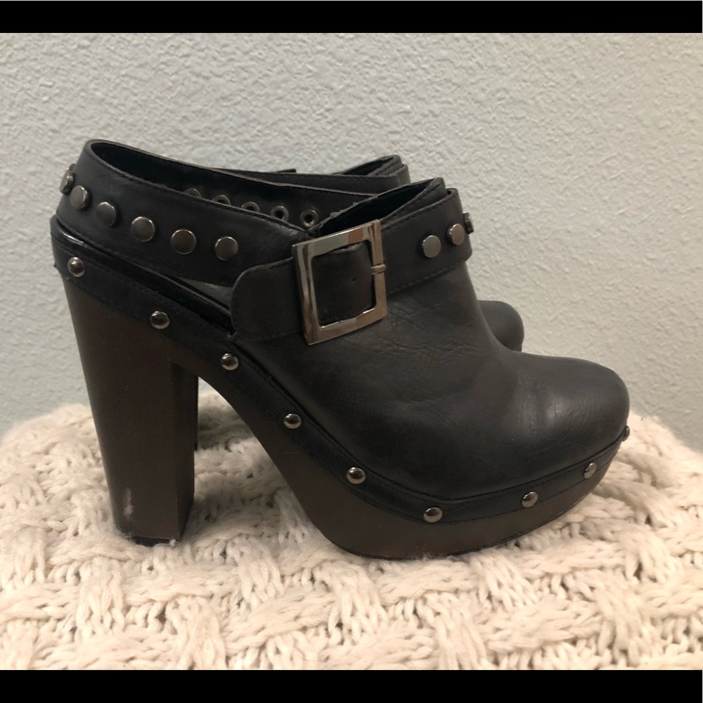 Black clog style heels with studded ankle strap